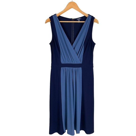 Chaps Dress Women Size Medium Midi Length Grecian Draped Bodice Blue On Blue - Picture 4 of 15